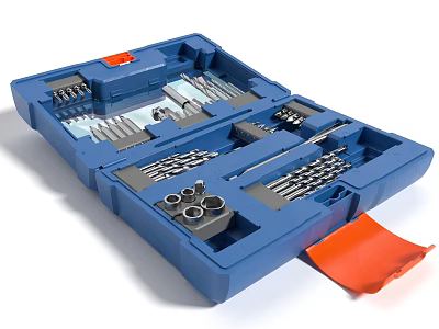 Complete Hardware Tools Set in Blue Toolbox with Organized Compartments Drill Bits and Orange Handle 3d model