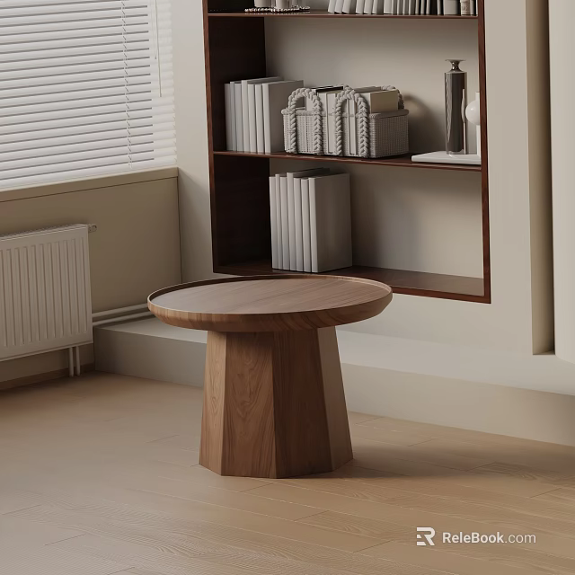 Modern Wooden Side Table With Round Top In Interior Near Bookshelf And Window 3d model 