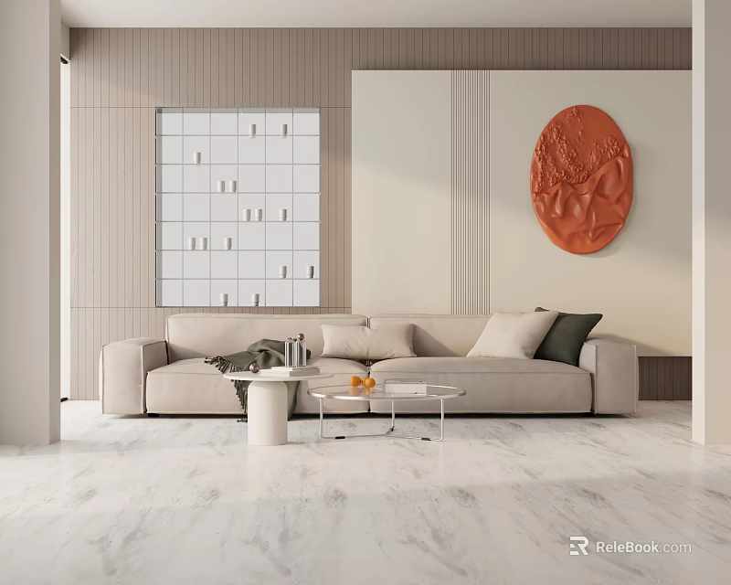 Modern Three-Seater Sofa with Wooden Wall Decor and Marble Floor Setting 3d model 