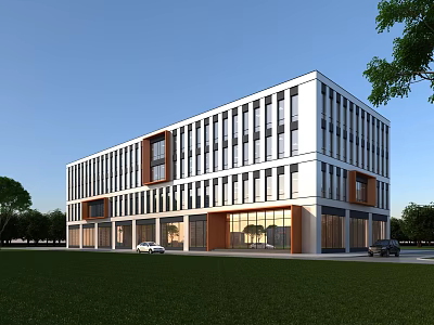 Modern Office Building With Large Glass Windows White Brown Facade Green Lawn And Trees 3d model