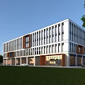 Modern Office Building With Large Glass Windows White Brown Facade Green Lawn And Trees