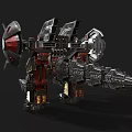 Mechanical Dinosaur With Metallic Structure Red Silver Color And Weapon Components