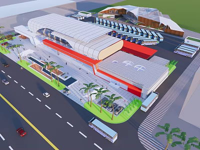 Modern Bus Station Exterior With Curved Roof Red And White Facade And Palm Trees 3d model