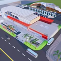 Modern Bus Station Exterior With Curved Roof Red And White Facade And Palm Trees