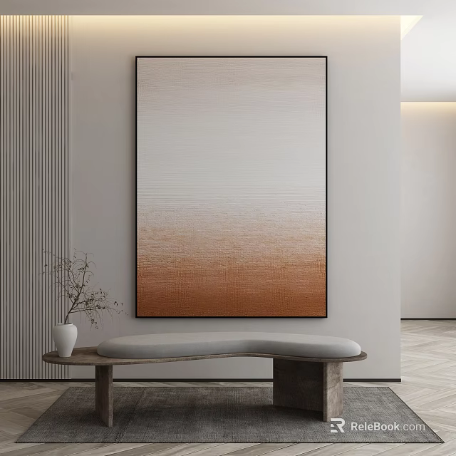 Modern Interior Featuring Large Abstract Painting Black Frame Beige Brown Gradient And Gray Bench 3d model 