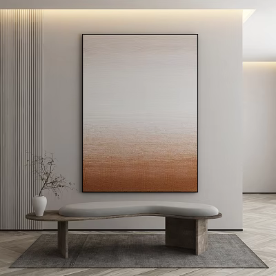 Modern Interior Featuring Large Abstract Painting Black Frame Beige Brown Gradient And Gray Bench 3d model