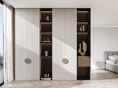Modern Wardrobe Interior With White Doors Open Shelves And Decorative Items 3d model