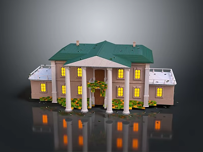 Model House With Green Roof Beige Exterior Lit Windows Porch Columns And Front Reflections 3d model