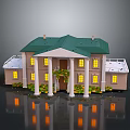 Model House With Green Roof Beige Exterior Lit Windows Porch Columns And Front Reflections