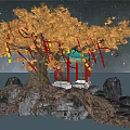 Enchanting Commercial Landscape With Large Tree Hanging Lanterns Pavilion And Moonlit Night Scene