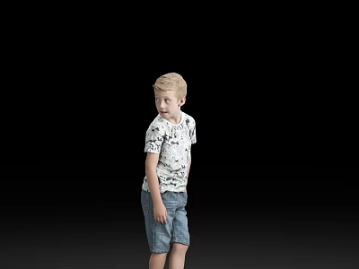 Blonde Boy Standing in White Patterned T-Shirt and Blue Denim Shorts Against Black Background 3d model