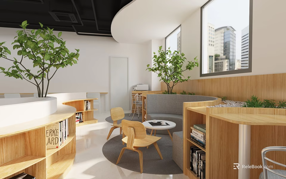 Cozy Lounge Area With Wooden Bookshelves Green Plants Gray Sofa And City View Windows 3d model 