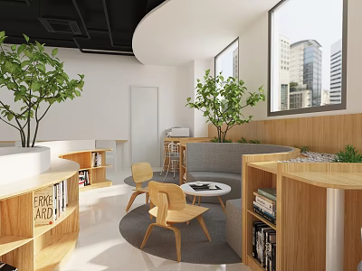 Cozy Lounge Area With Wooden Bookshelves Green Plants Gray Sofa And City View Windows 3d model