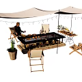 Outdoor Canopy Setup With Long Table Food Drinks Folding Chairs And String Lights 3d model