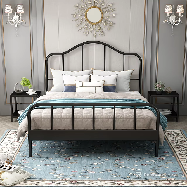 Black Metal Frame Double Bed With Curved Headboard White Pillows Blue Cushion And Nightstands 3d model 