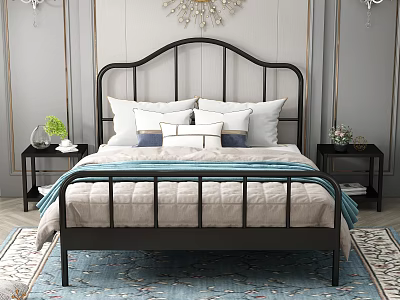 Black Metal Frame Double Bed With Curved Headboard White Pillows Blue Cushion And Nightstands 3d model