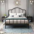 Black Metal Frame Double Bed With Curved Headboard White Pillows Blue Cushion And Nightstands
