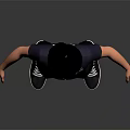 Short Haired Character In Dark Blue T-Shirt Black Pants Black White Sneakers Against Grey Background