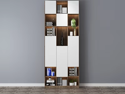 Modern Bookshelf With White And Wood Finish Open Shelves Books And Potted Plant 3d model