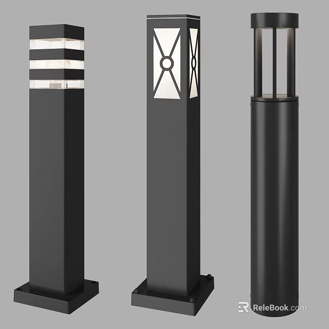 Stylish Black Outdoor Post Lights with Geometric Striped and Hollow Vertical Designs for Garden 3d model 