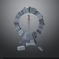 Gray Block Ring Structure With Central Sword Red Hilt And Yellow Star Decorations