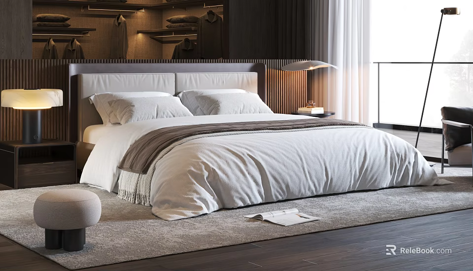 Double Bed In Modern Bedroom With White Bedding Gray Throw Nightstand Table Lamp And Rug 3d model 