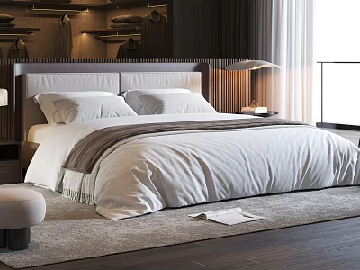 Double Bed In Modern Bedroom With White Bedding Gray Throw Nightstand Table Lamp And Rug 3d model