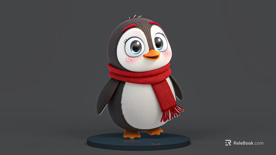 Cute Little Penguin Wearing Red Scarf Standing On Black Base With Gray Background 3d model 