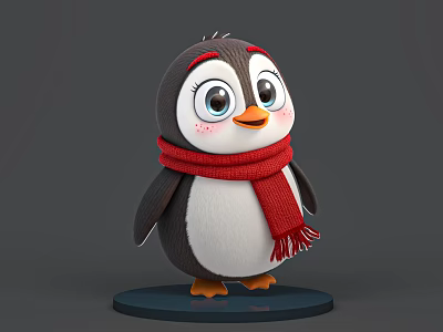 Cute Little Penguin Wearing Red Scarf Standing On Black Base With Gray Background 3d model
