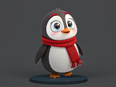 Cute Little Penguin Wearing Red Scarf Standing On Black Base With Gray Background 3d model