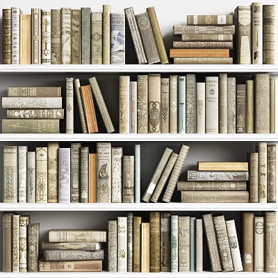 Books and Magazines Arranged Neatly on White Bookshelves with Various Sizes and Colors 3d model