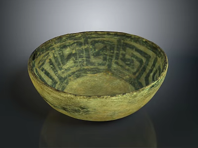 Vintage Decorative Yellowish Green Ceramic Bowl With Intricate Geometric Patterns 3d model
