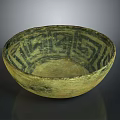 Vintage Decorative Yellowish Green Ceramic Bowl With Intricate Geometric Patterns