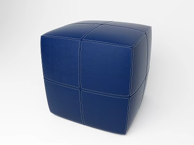 Blue Leather Cube Shaped Sofa Stool With Stitched Design For Living Room 3d model