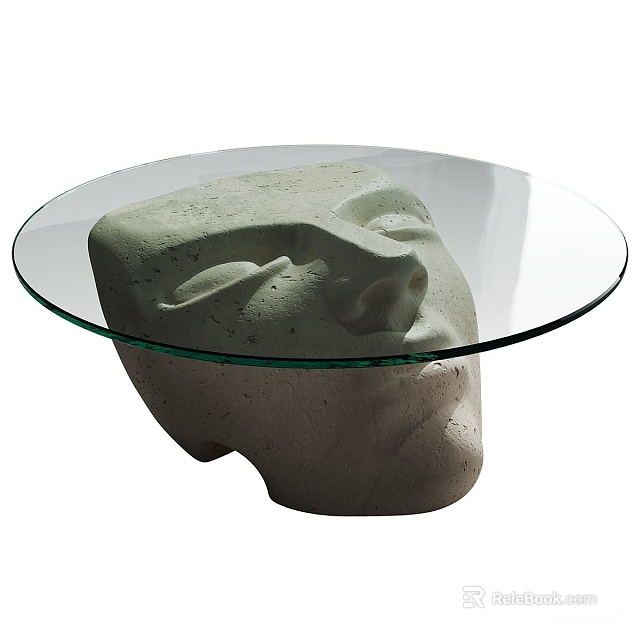 Unique Modern Coffee Table With Sculptural Facial Concrete Base And Round Glass Top 3d model 