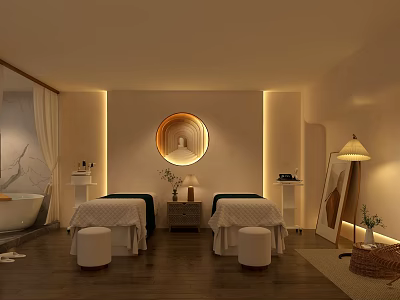 Luxurious SPA Sauna Room With Two Massage Beds Circular Mirror Soft Lighting And Bathtub 3d model