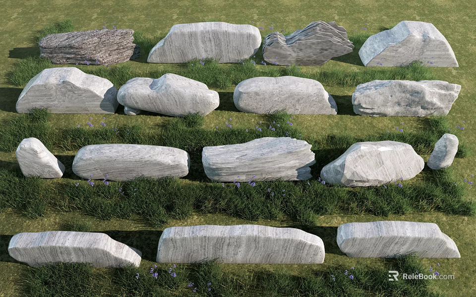 Natural Stone Blocks and Wood Pieces Arranged in Green Grass Outdoor Scene 3d model 