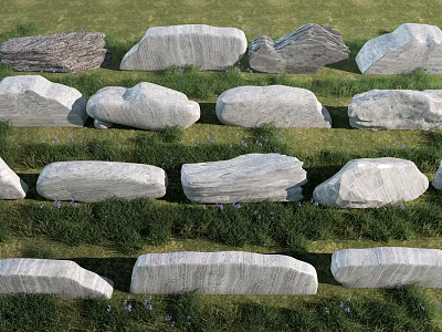 Natural Stone Blocks and Wood Pieces Arranged in Green Grass Outdoor Scene 3d model