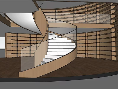 Spiral Staircase With Wooden Bookshelves Glass Railing And Wooden Floor Interior 3d model