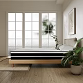 Double Bed with Wooden Headboard in Bright Room Natural Light Potted Plant and Wall Art