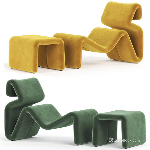 Stylish Modern Single Chair With Yellow Green Velvet Upholstery And Matching Stool 3d model 
