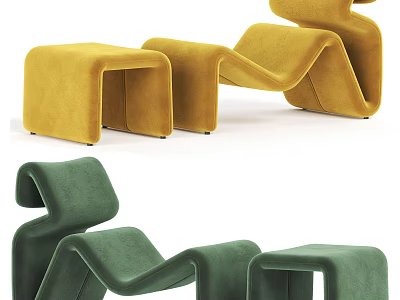 Stylish Modern Single Chair With Yellow Green Velvet Upholstery And Matching Stool 3d model
