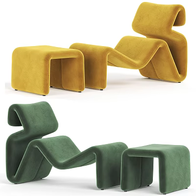 Stylish Modern Single Chair With Yellow Green Velvet Upholstery And Matching Stool 3d model