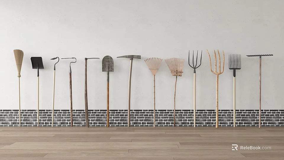 Garden Tools Collection Arranged Against White Wall With Brick Base And Wooden Floor 3d model 