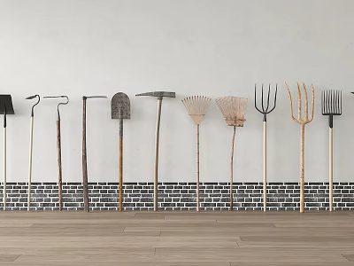 Garden Tools Collection Arranged Against White Wall With Brick Base And Wooden Floor 3d model