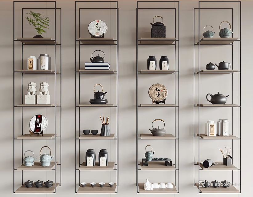 Tea Sets Display on Shelves with Various Ceramic Traditional and Modern Styles 3d model