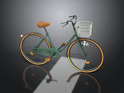 Stylish Green Bicycle With Orange Seat White Basket And Yellow Rims 3d model