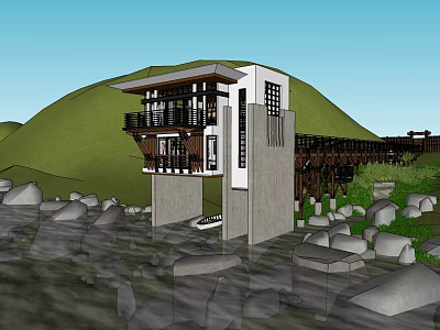 Modern Detached Villa with Hillside Rocks Wooden Bridge Balcony and Large Windows 3d model