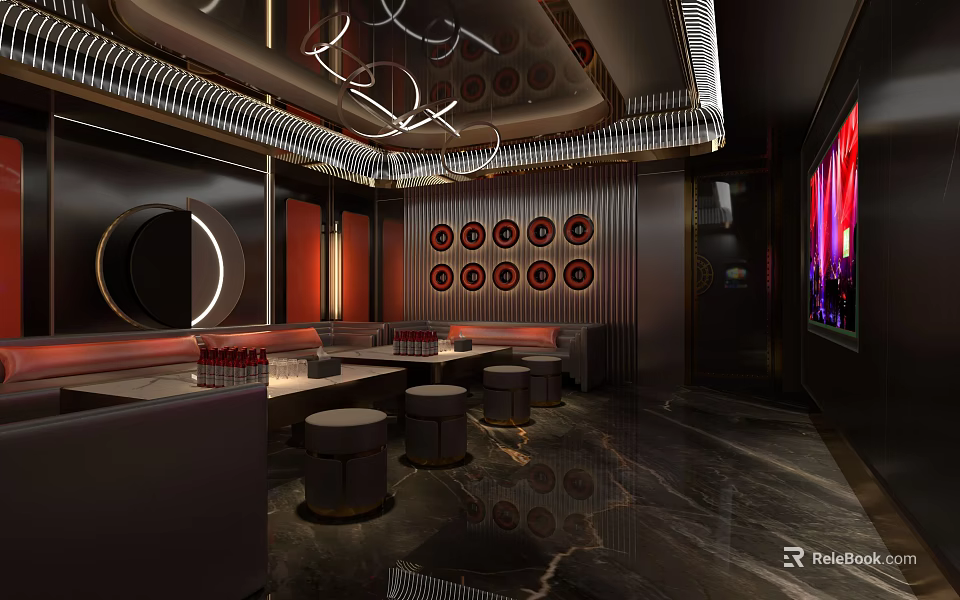 Modern KTV Interior With Sofa Tables Stylish Lighting And Wall Decor 3d model