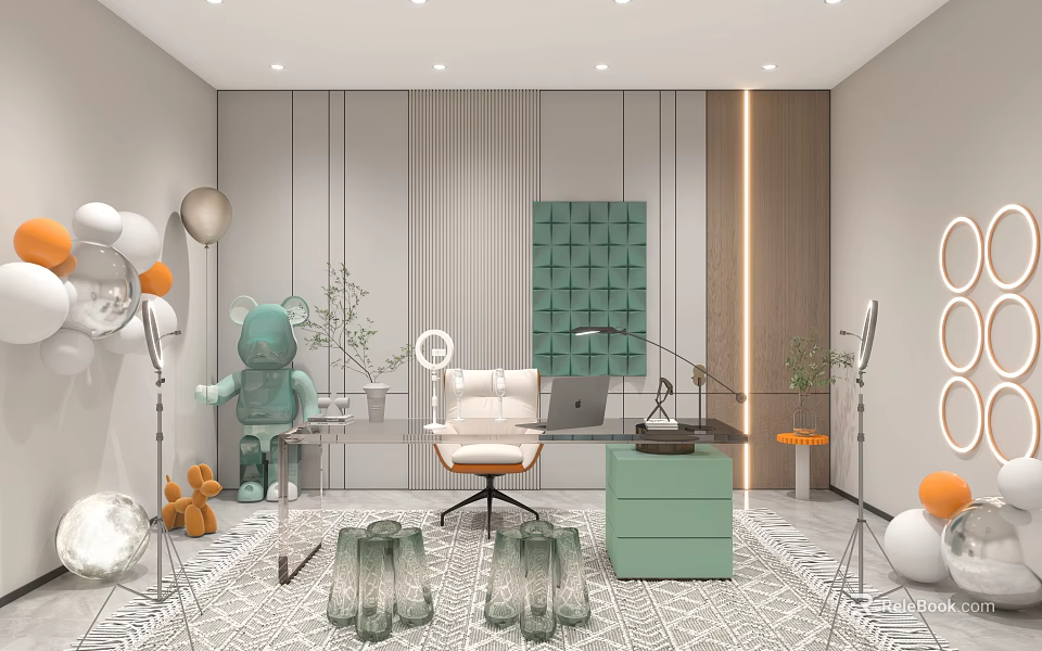 Modern Public Office Space Interior With Ergonomic Chair Desk Plants And Decorative Items 3d model 